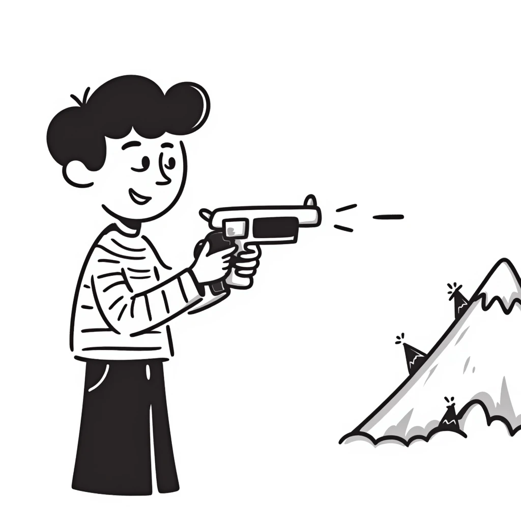 Hand drawn little guy with a toy gun shooting at a mountain with tiny goons emoji