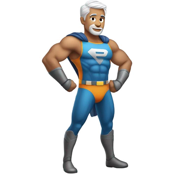 Man with gray hair and a new knee looking like a superhero emoji
