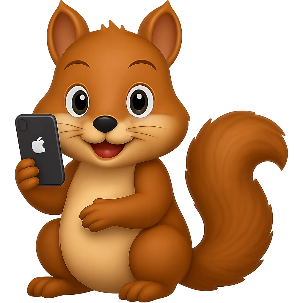 Edit this apple style emoji squirrel so it is only holding a single phone instead of two phones, remove one phone, keep the apple emoji style consistent, and remove the background. emoji