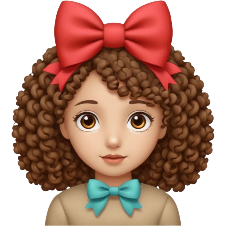 Make a girl with curly hair brown eyes and a cute bow on her head emoji
