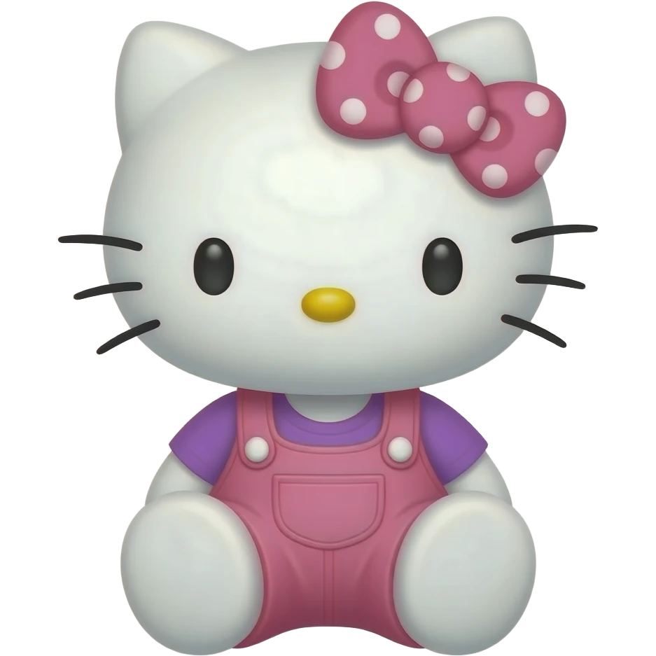 hello kitty sitting down wearing pink with white polka dots overalls and a purple shirt with a pink with white polka dots bow emoji