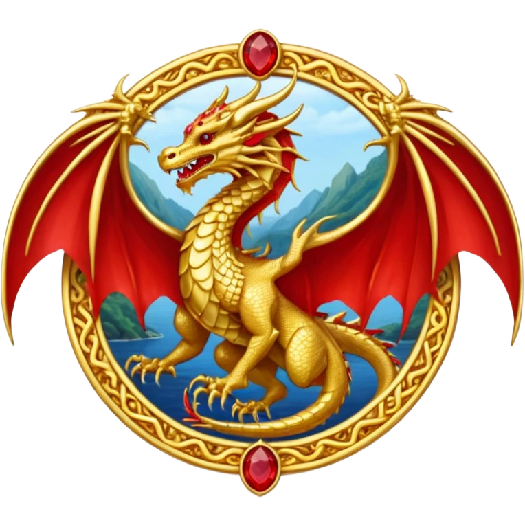 Golden Dragon with wings crest/brosch in a circle with red gems emoji