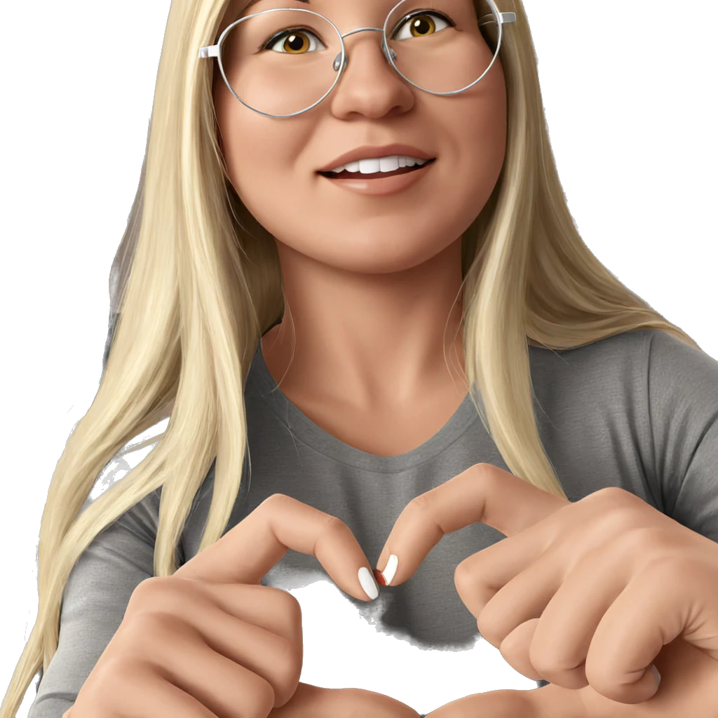 blonde girl with heart hands emoji