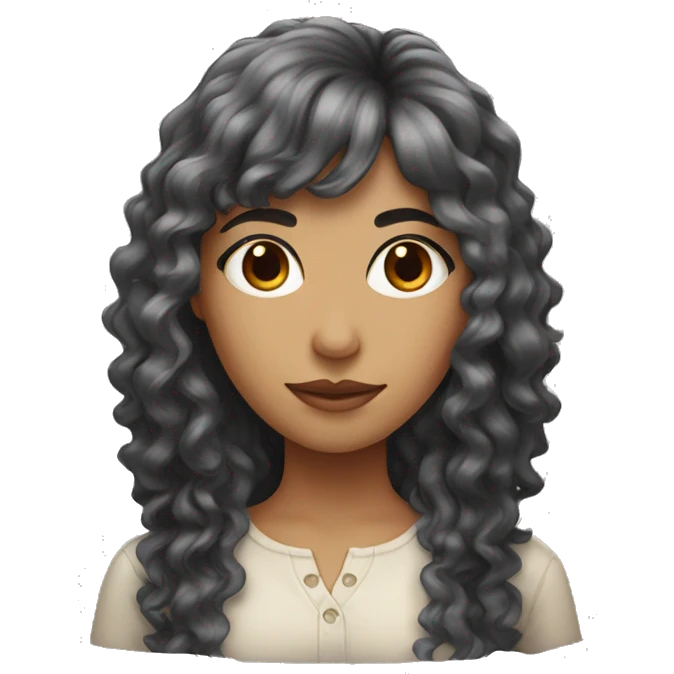 woman with long black curly hair and bangs and dark brown eyes emoji