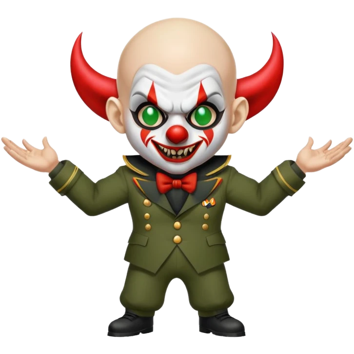 evil clown, bald, short devil horns on forehead, fangs, pointed ears, black and military green leisure suit, battle-ready fighting posture emoji
