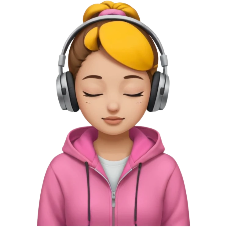 light skin girl wearing headphones. pink hoodie. closed eyes. brown hair in a bun. no makeup. light-light skin. emoji