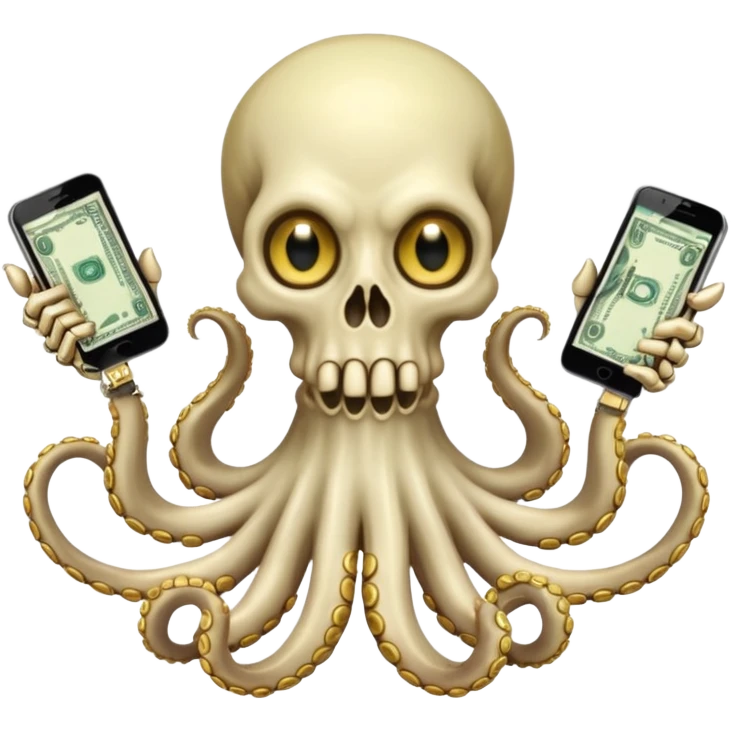 satanic octopus skeleton. Evil looking eyes, wearing a gold necklace. 2 tentacles are holding their own cellphones, 2 other tentacles are holding stacks of money emoji