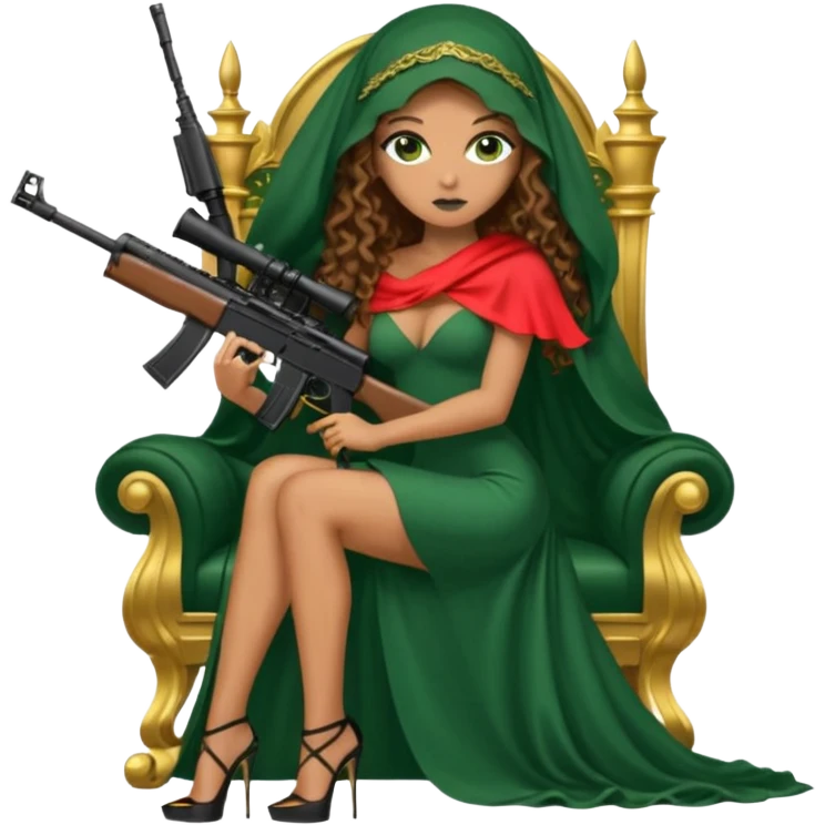 Drug dealer female green eyes symbol.  hair is brown curly long hair. sexy long with long dress and face veil on that covers her mouth only. black stiletto platform high heels shoes on. Holding sniper rifle sitting on a gold throne. emoji