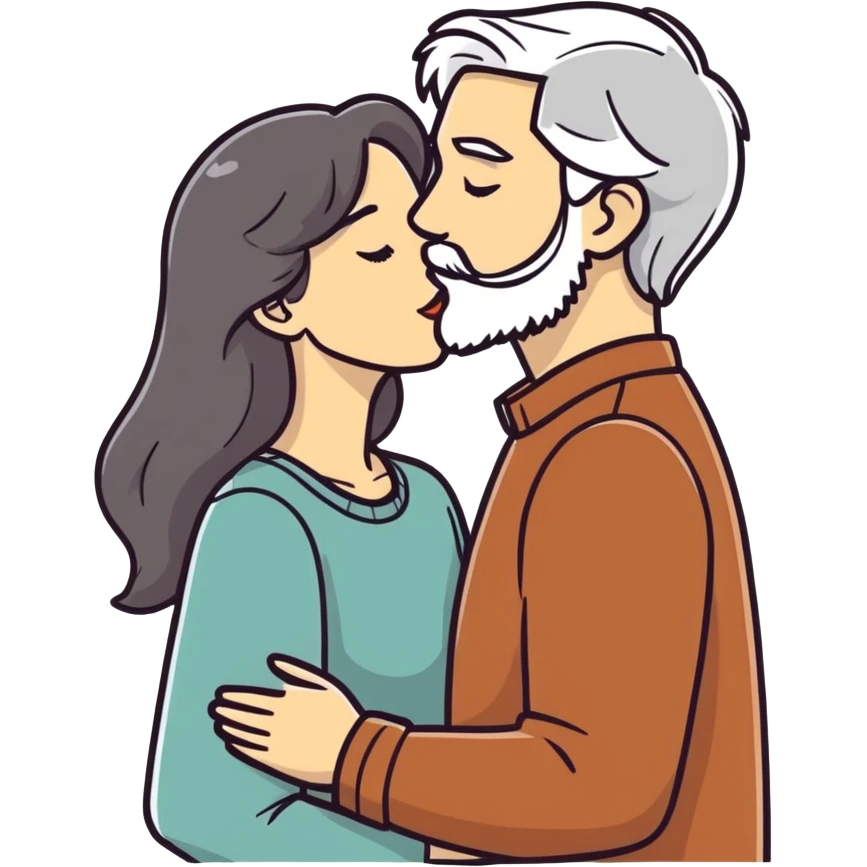 Grey haired bearded man and pretty brunette woman kissing  emoji