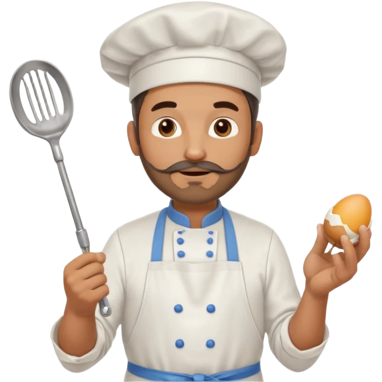 Middle aged male pastry chef - with a small beard, apron, white hat, and holding an egg beater in his hand emoji
