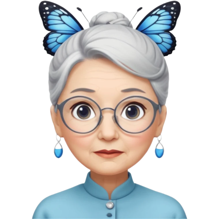 A beautiful grandmother with a delicate face and white/grey hair styled in high buns. She has steely blue/grey eyes and an intense gaze, and wears pretty glasses with butterfly frames. No background emoji