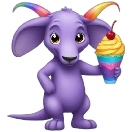 Full body Purple aardvark with a long nose holding a rainbow parfait emoji