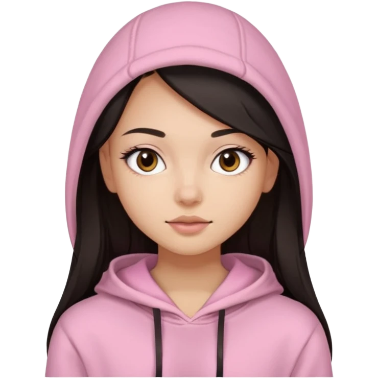 A pretty girl with light skin and long straight black brown hair, wearing a very light pink basic hoodie with brown eyes and makeup and a round face emoji