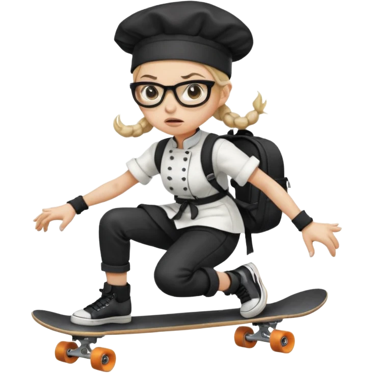 ["An angry woman with light skin, ponytail, wearing a chef hat and square glasses, dressed in goth fashion, is skateboarding while holding a backpack."] emoji
