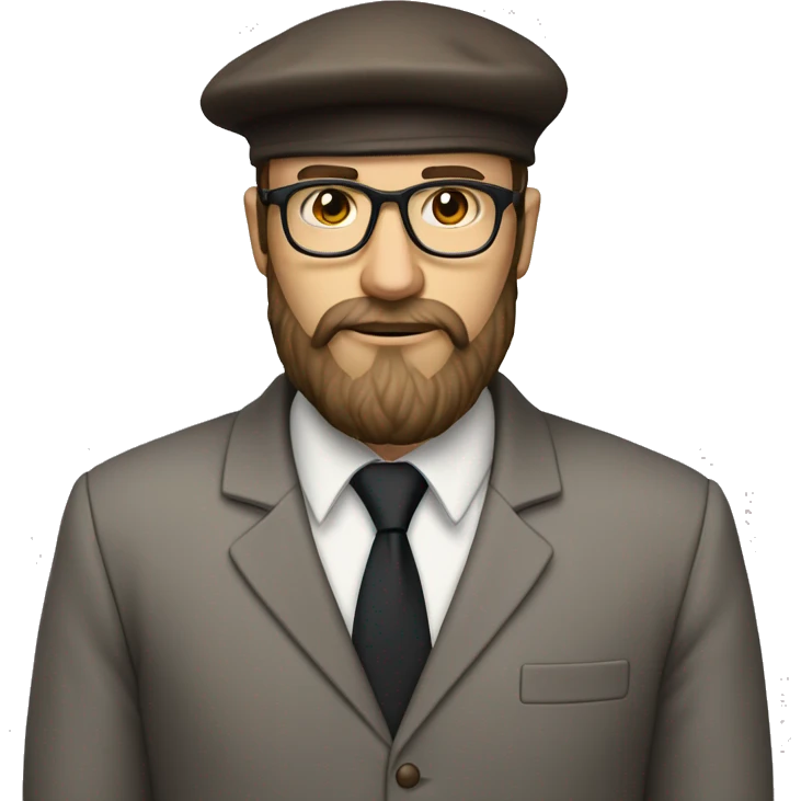 man, long brown beard, white skin, suit, brow shoes, glasses, beret hat, full-body(slim) emoji
