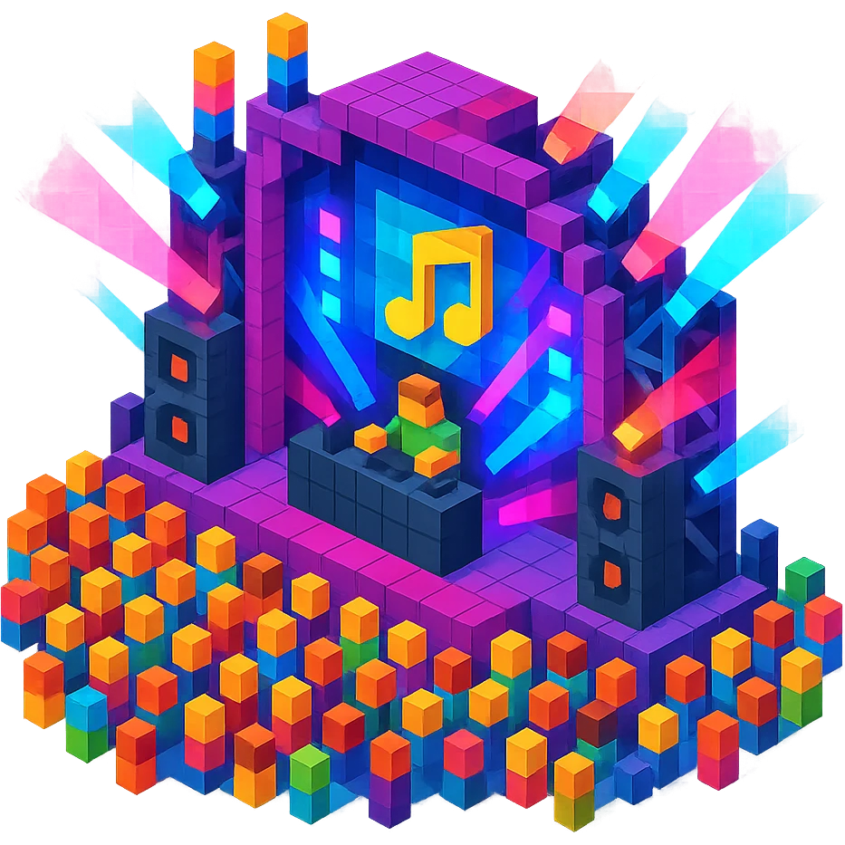 music festival main stage with a large crowd, vibrant lights, and a dynamic performance setup emoji