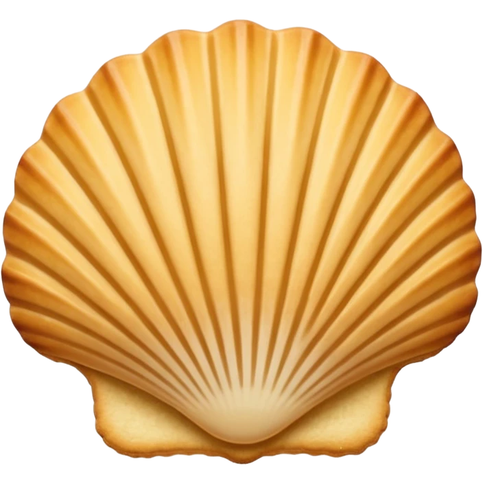 A madeleine pastry. Scalloped seashell shape with four to five vertical lines going in the same direction. Light golden brown. Scalloped edge. Cookie. Flat. emoji