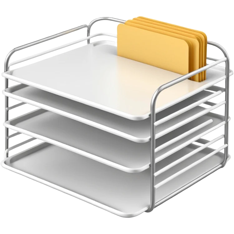 A minimal, clean emoji-style illustration of a white metal desk paper organizer tray, shown in slight isometric view so its structure is readable at a small scale. The organizer is rectangular with rounded corners, made of thin white metal wires, forming two to three stacked horizontal slots.
 emoji