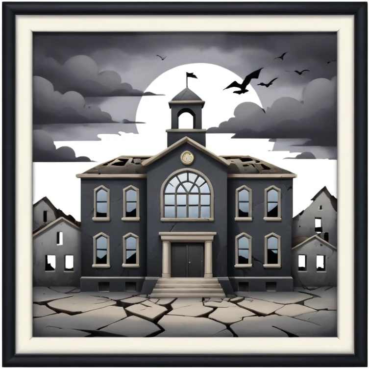 A broken/abandoned school with cracks and dust  with no back ground in an abandoned place with a blackish greyish sky  emoji