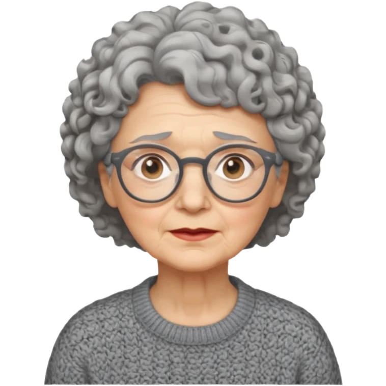 Old woman, solemn, wearing glasses and sweater, short curly hair emoji