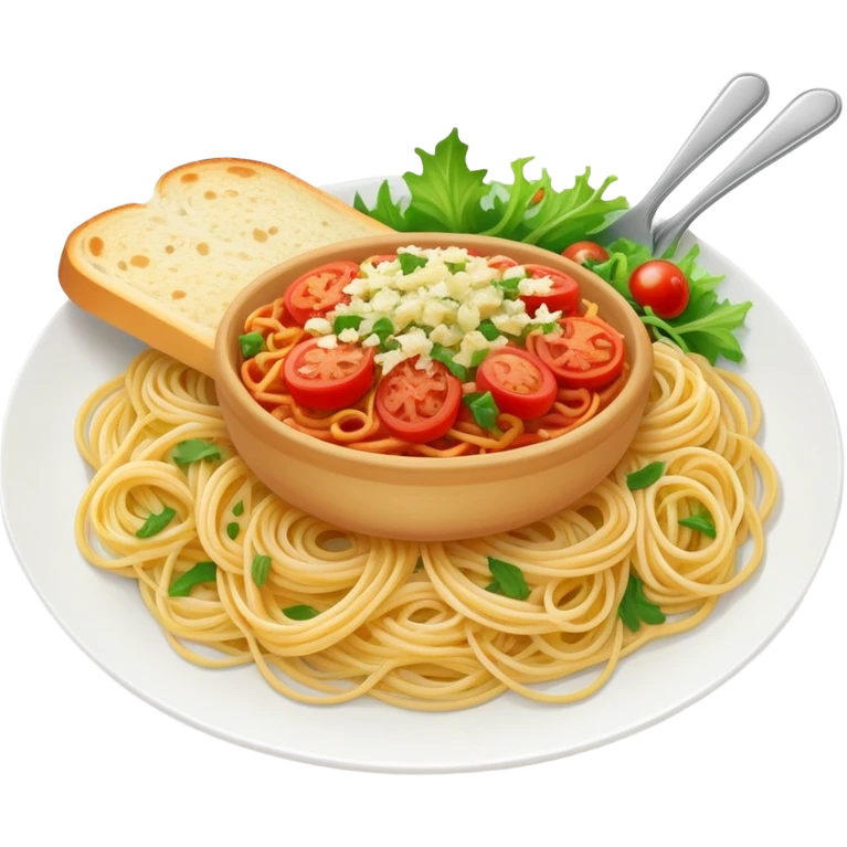 Spaghetti with garlic bread and side salad emoji