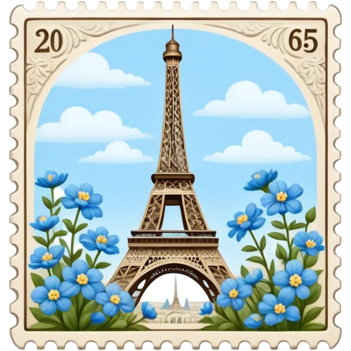 "A vintage-inspired postage stamp with the Eiffel Tower, surrounded by delicate blue flowers and retro details."
 emoji