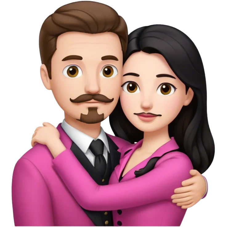 tall white man with brown hair goatee mustache hugging a pale woman with long black hair, wearing pink formal clothing emoji