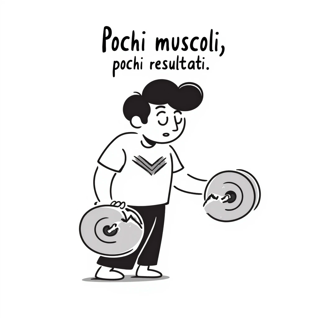 Uomo che si allena con i pesi ma solleva carichi leggeri, muscoli poco visibili, espressione scoraggiata, testo in italiano: “Pochi muscoli, pochi risultati”. emoji