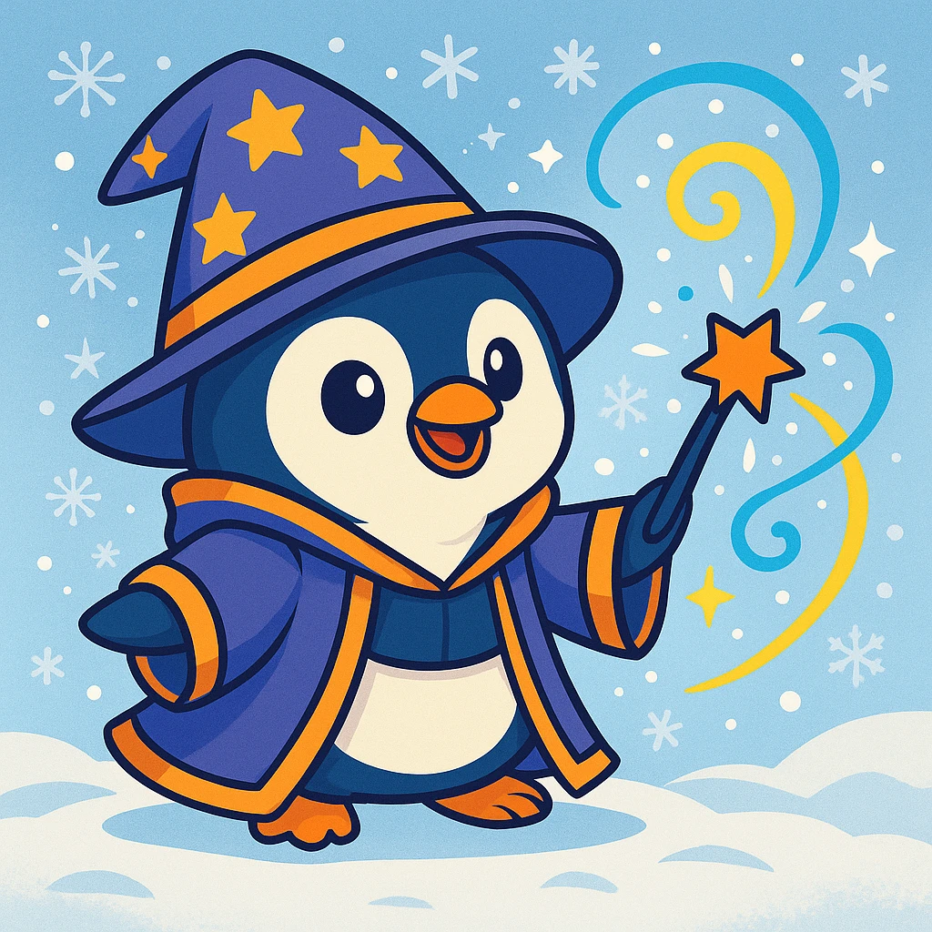 Add a snowy background behind the cute penguin wizard, keeping the colorful cartoon style. emoji