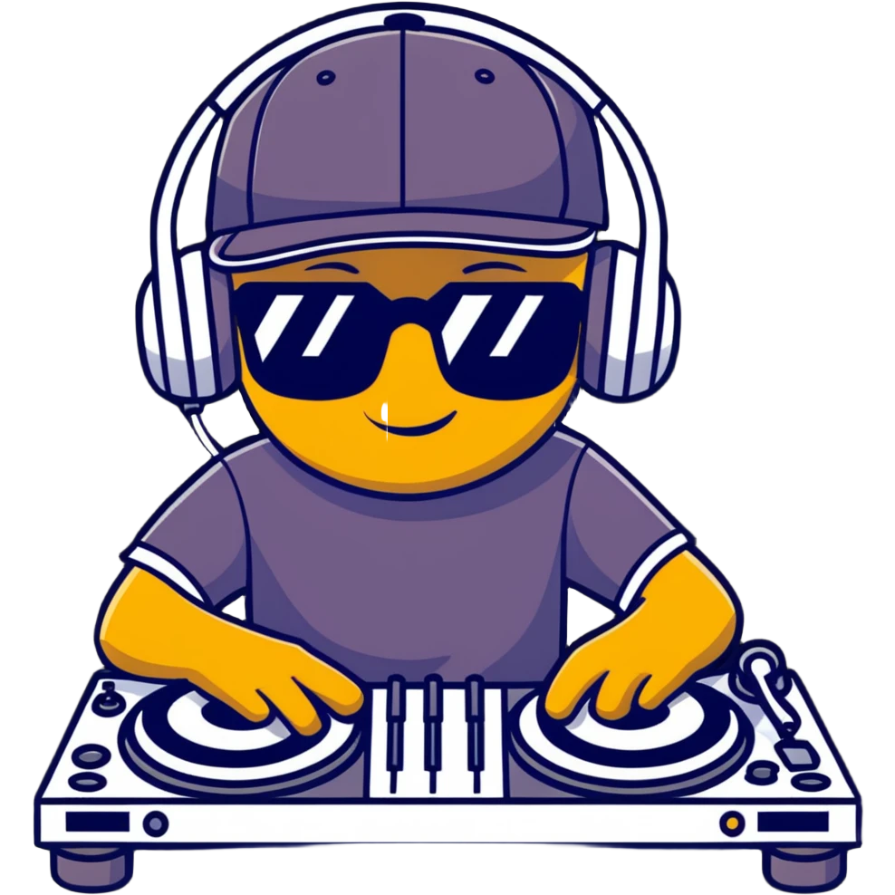 Russian rave artist DJ with cool cap performing electronic music emoji