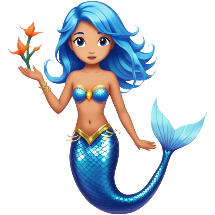 Cinematic Realistic Blue Hair Mermaid Portrait, depicted with lifelike, sun-kissed tanned skin that exudes a warm, radiant glow under gentle underwater lighting. Her intricately detailed, flowing blue hair cascades like a waterfall of ocean hues, framing deep, mesmerizing eyes that capture the vibrant spirit of the sea. Adorned with a shimmering tail and delicate tropical accents, the portrait features an enchanting underwater glow that blends realism with mythic coastal allure. emoji