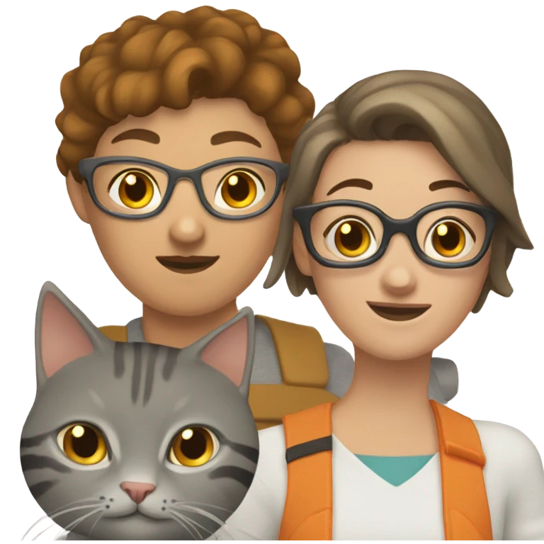brunette girl with buzzcut and glasses with one grey tabby cat and one brown and orange cat emoji