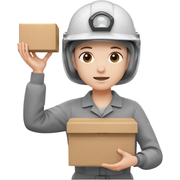 Tengo que dar una capacitacion de orgonomia, necesito un emoji de un operario con casco blanco y buzo gris de manga larga que levante una caja cerrada con las dos manos a la altura de los hombros y que tenga cara de esfuerzo fisico. Que no este saludando, las dos manos sosteniendo la caja emoji