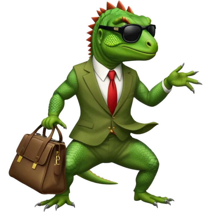capitalist iguana banker godfather with black sunglasses breakdance with bag emoji