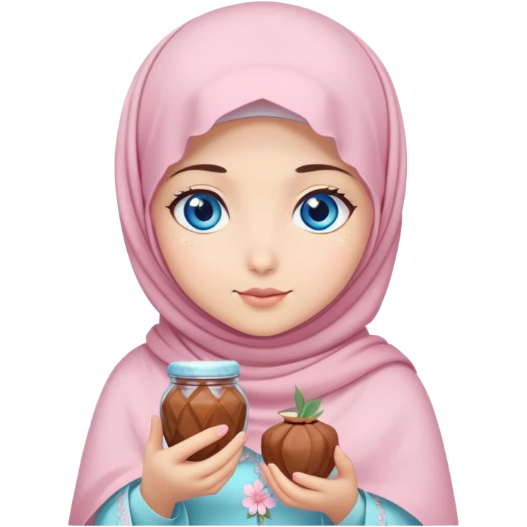 Turkish beautiful finish Konya girl blue eyes with pastel sakura hijab islamic dress and had on her hand dates emoji