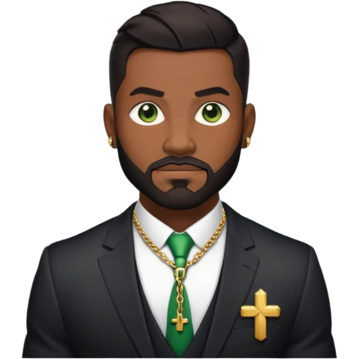 green eyes, dark short hair, muscular shoulders, wide cross, gold chain, big lips big nose big eyes, masculine good looking, dark beard wearing a suit emoji