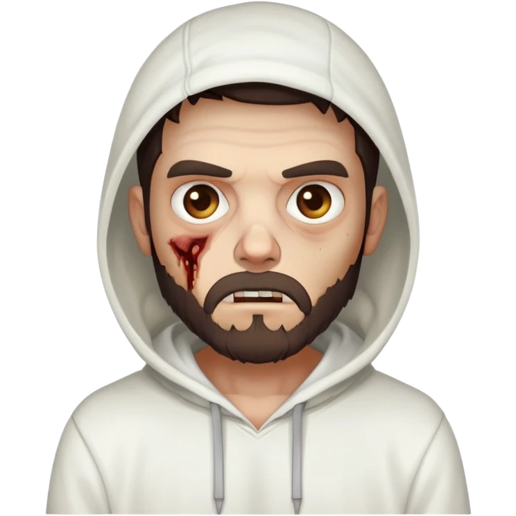 thinking zombie wearing plain white hoodie with no designs, dark brown hair and short full beard emoji