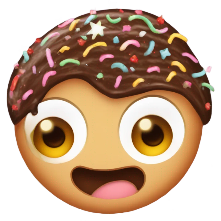 a chocolate swiss roll cake with frosting zigzags as hair and and 2 eyes and a mouth with sprinkle stars as freckles emoji