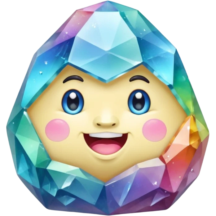 A single pastel rainbow crystal rock character, chubby and heavy with a chunky, irregular polygon shape, not egg-shaped, covered in faceted crystal planes and small chips, soft blue face carved into the rock, big glossy rainbow eyes and a small smiling mout emoji