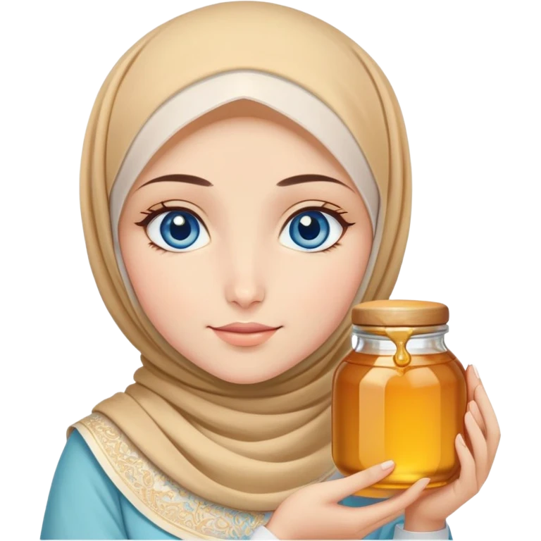 Turkish beautiful finish Konya girl blue eyes with honey pastel hijab islamic dress and had on her hand honey emoji