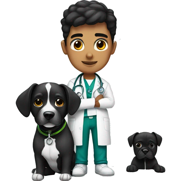 Young Mexican doctor with big black boxer dog with white face emoji