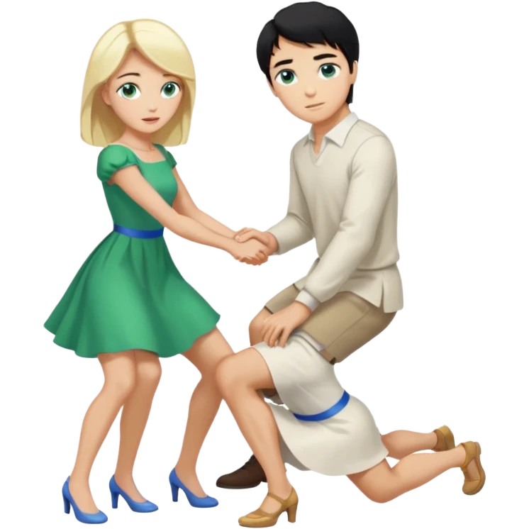 Man, black Hair, blue eyes, whole body, Woman, bending knees, blonde, green eyes, White Dress, emoji
