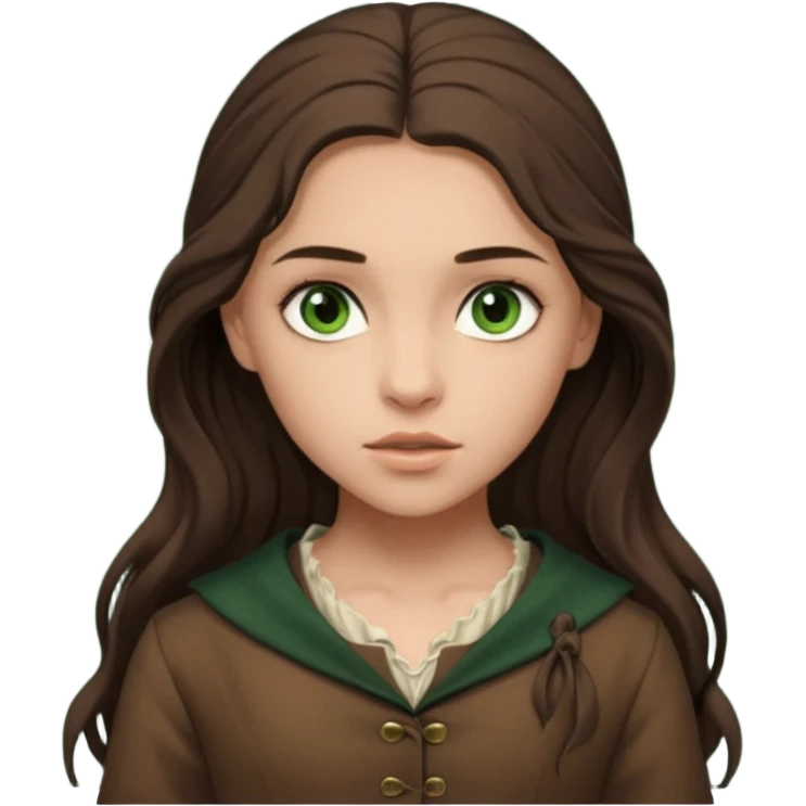 Eponine From Les Miserables with light skin, green eyes, Dark Brown long Hair, brown outfit emoji
