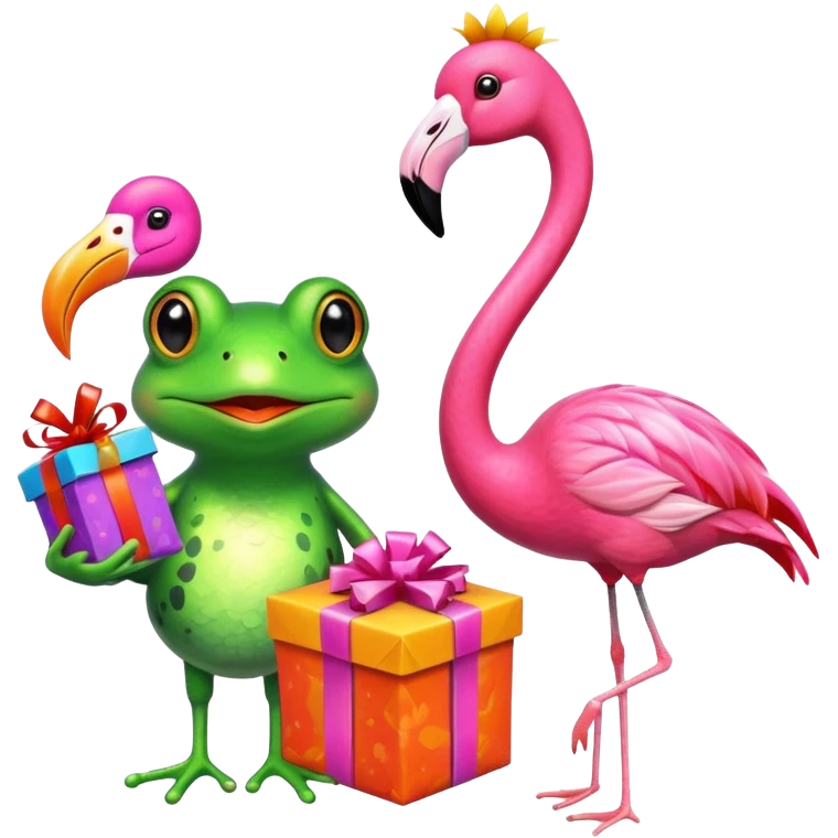 Frog and flamingo w presents emoji