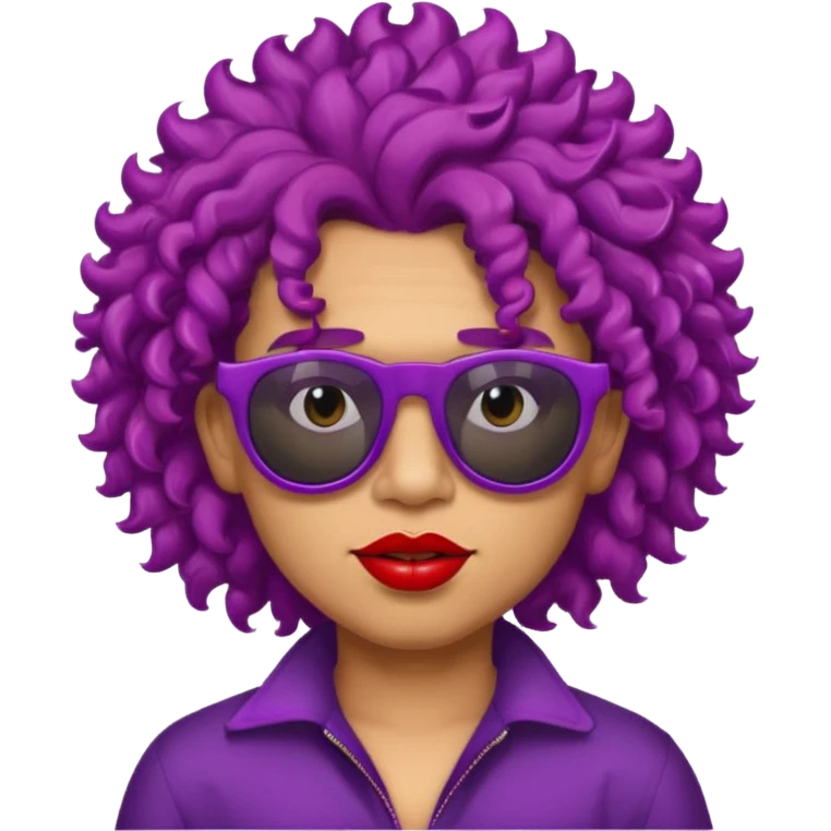 purple haired, curly big haired mexican boy with red sunglassess, vrey cool and lipstick emoji