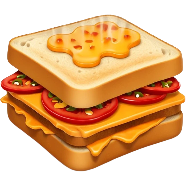 spicy sucuk sandwich object icon, toasted bread, sliced spicy sucuk inside, melted cheese, red chili peppers, steam coming out, 3D cartoon, mobile game icon style, centered, clean background, soft shadow, no text, no watermark
 emoji