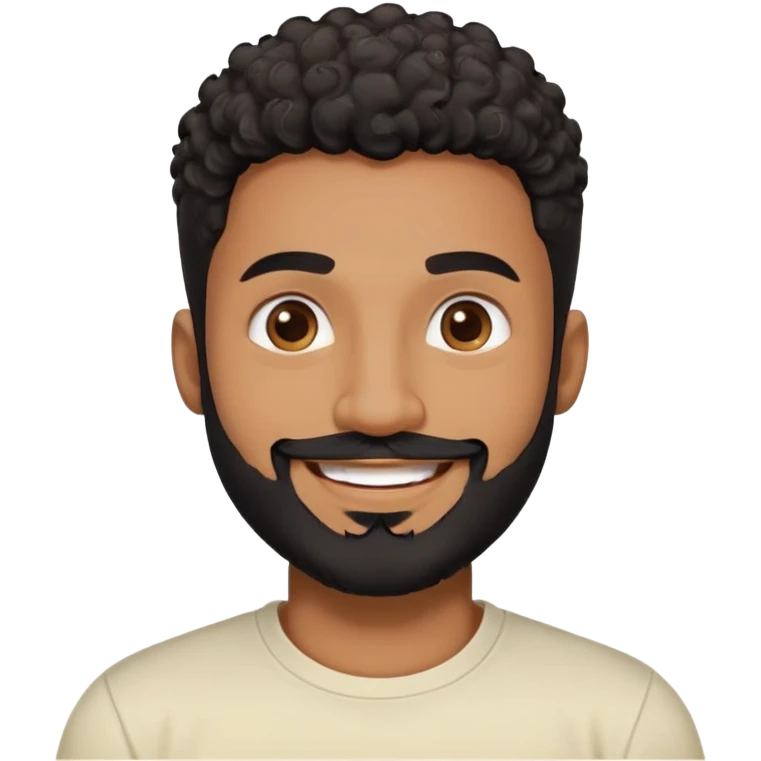 Man in his 30s with medium brown skin. Round face with friendly expression. Dark eyes with cheerful look. Thick eyebrows. Wide nose. Full black beard, well-trimmed. Short curly black hair with fade cut. Wearing a cream t-shirt. Big smile. emoji