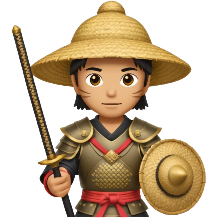 Samurai with straw hat, Warrior in armor holding wide hat emoji