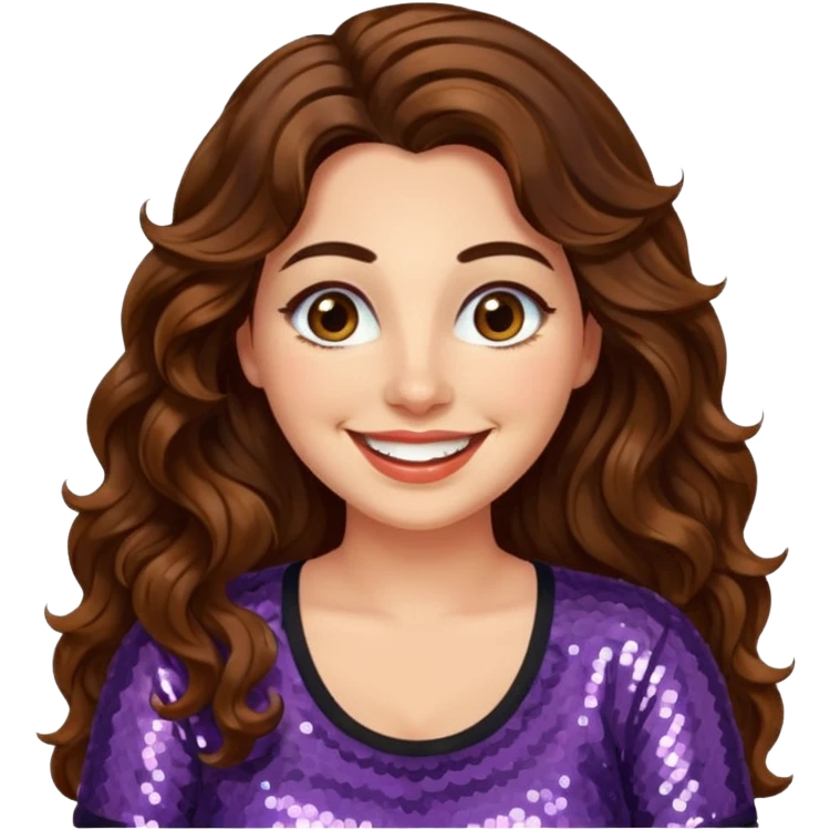 30 yr old italian woman, long brown wavy hair, big brown eyes, huge smile, sequin shirt, no bangs, a bit chubby emoji