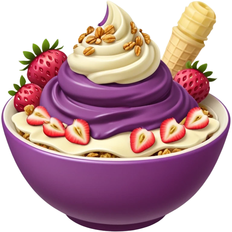 acai purple soft serve in a bowl strawberries and granola and chopped banana emoji